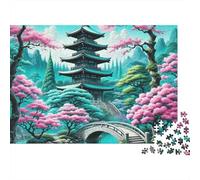 Rompecabezas de 1000 Piezas con diseño de jardín de Templo japonés, Pagoda y Puente de cerezos en Flor. Juego Educativo para Adultos, decoración del hogar, Ideal como 52 x 38 cm