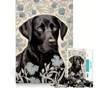 Rompecabezas de 1000 Piezas con diseño de Labrador Negro y Estampado Floral Ideal para Decorar,ejercitar la Mente,Jugar a Juegos de Mesa o como Pieza de Arte navideña 38x52cm