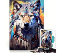 Rompecabezas de 1000 Piezas con diseño de Lobo Bohemio Espiritual y Bordes sin Costuras Juego Divertido para ejercitar la Mente,Ideal para Pasar el rato 38x26cm