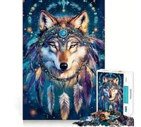Rompecabezas de 1000 Piezas con diseño de Lobo con Tocado atrapasueños Juego Mental Divertido con Piezas de Ajuste preciso Actividad Relajante para Grupos en Interiores (50x75cm)