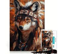 Rompecabezas de 1000 Piezas con diseño de Lobo con Tocado Nativo Americano para Adultos Juego de concentración Mental, Corte láser Actividad Nocturna Divertida para Toda la Familia