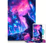 Rompecabezas de 1000 piezas con diseño de lobo en un paisaje urbano neón ciberpunk para adultos Ejercicio mental Corte de precisión Bordes lisos Actividad relajante para grupos en interiores (38x52cm)