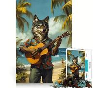 Rompecabezas de 1000 Piezas con diseño de Lobo Tocando la Guitarra en una Playa Tropical para Adolescentes,estimula la Mente,estimula el Desarrollo cognitivo,Evita Piezas Sueltas y es una Forma