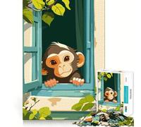 Rompecabezas de 1000 piezas con diseño de mono de dibujos animados asomándose por la ventana,bordes finos,ideal para desarrollar la mente,relajarse y disfrutar de la Navidad Regalo artístico (38x26cm)
