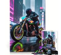 Rompecabezas de 1000 Piezas con diseño de Motocicleta neón bajo la Lluvia en la Ciudad, Ideal para Adolescentes Refuerza la Memoria, Alivia la tensión y Mejora la Calidad (38x26cm)