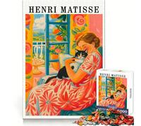 Rompecabezas de 1000 piezas con diseño de mujer con gato al estilo Henri Matisse ideal para adolescentes Impresión en alta definición para aliviar el estrés y divertirse en la sala de juegos (38x26cm)