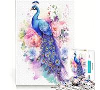 Rompecabezas de 1000 Piezas con diseño de Pavo Real y Flores en Acuarela Juego Familiar Actividades Divertidas para Hacer en casa cumpleaños y Navidad 38x52cm