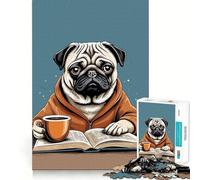 Rompecabezas de 1000 Piezas con diseño de Perro Pug Bebiendo café y Leyendo un Libro Regalos para Adultos Juego de ingenio y diversión Precioso Regalo (38x52cm)