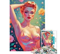 Rompecabezas de 1000 Piezas con diseño de Pin-up Rubia sobre Fondo Floral Difícil y desafiante Decoración para el hogar Juego práctico para Mayores de 14 años Juego de Rompecabezas Incluido (38x26cm)
