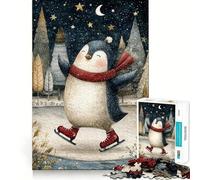 Rompecabezas de 1000 piezas con diseño de pingüino patinando sobre hielo en una escena invernal, ideal para adolescentes Ayuda a desarrollar la memoria, fácil de armar y perfecto como regalo (50x75cm)