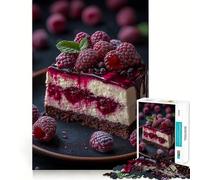 Rompecabezas de 1000 Piezas con diseño de Rebanada de Tarta de Queso con Frambuesa en Plato Oscuro para Adolescentes Mejora la Memoria Suave y Relajante Corte Premium Sorpresa de cumpleaños (50x75cm)
