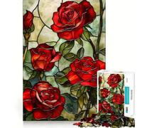 Rompecabezas de 1000 Piezas con diseño de Rosas Rojas en vitral para Adultos Ideal para estimular la Memoria, Relajarse y Jugar con Rompecabezas Corte Suave Regalo de cumpleaños (38x52cm)