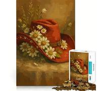 Rompecabezas de 1000 Piezas con diseño de Sombrero de Vaquero Rojo y Margaritas para Adolescentes Juego de lógica Tiempo de Juego Colección de Piezas de Arte con Corte preciso (38x52cm)