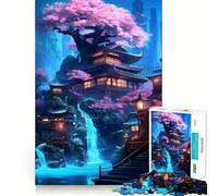 Rompecabezas de 1000 Piezas con diseño de Templo y Cascada de neón para Adultos Juego Inteligente, Relajante y Divertido Diseño Elegante para armar Regalo Ideal (38x52cm)