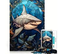 Rompecabezas de 1000 Piezas con diseño de Tiburones Blancos en vidrieras Juego para ejercitar la Mente Artesanía de Corte experta Un pasatiempo Fascinante para los Momentos de Ocio (38x52cm)