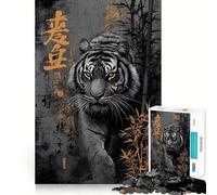 Rompecabezas de 1000 Piezas con diseño de Tigre, bambú y caligrafía asiática para Adultos Juguete Mental Relajante Bordes precisos Regalo conmovedor 50x75cm