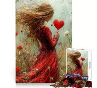 Rompecabezas de 1000 Piezas con diseño de una Mujer sosteniendo un corazón en un Campo Ideal para Adultos Permite Crear Recuerdos vívidos y una escapada Tranquila Bordes definidos