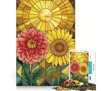 Rompecabezas de 1000 Piezas con diseño de vidriera Girasol y Dalia, Ideal para Adolescentes Juguete de razonamiento, Calma y precisión Sorpresa navideña 38x52cm