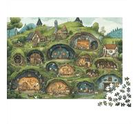 Rompecabezas de 1000 Piezas con Escena de la Aldea Hobbit. Agujeros de Hobbits, colinas. para Adultos de 12 años en adelante. Juegos educativos. Decoración del hogar. Cumpleaños. 38x26cm.