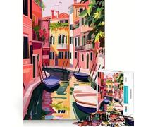 Rompecabezas de 1000 Piezas con Escena de los Canales de Venecia en Tonos Pastel,ilustración Minimalista,Corte preciso,Juguete para ejercitar la Mente,Juego Relajante,decoración navideña (38x26cm)