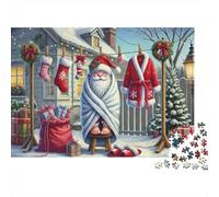 Rompecabezas de 1000 Piezas con Escena navideña de Papá Noel: Papá Noel en Toalla de baño. Juegos educativos para Adultos. Hermosa decoración. Difícil y desafiante. Regalo de cumpleaños. 52 x 38 cm