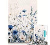 Rompecabezas de 1000 Piezas con Flores Silvestres Azules y Blancas,diseño de Bordes, Juguete para Entrenar la Mente,Juego Relajante,Regalo de cumpleaños 38x26cm