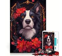 Rompecabezas de 1000 Piezas con Forma de Border Collie y Flores,con Bordes Finos,Ideal para Manualidades,Actividades Creativas,Entretenimiento y como Regalo de cumpleaños 50x75cm