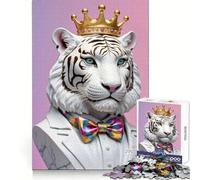 Rompecabezas de 1000 Piezas con Forma de Busto de Tigre Blanco Real con Corona, Ideal para Adolescentes Juguete de lógica Resistente Tiempo en Familia Borde Transparente Sorpresa cálida (38x26cm)