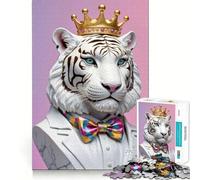 Rompecabezas de 1000 Piezas con Forma de Busto de Tigre Blanco Real con Corona, Ideal para Adolescentes Juguete de lógica Resistente Tiempo en Familia Borde Transparente Sorpresa cálida (38x26cm)