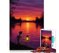 Rompecabezas de 1000 Piezas con Forma de Esqueleto y Linterna Junto al río al Atardecer para Adultos Juguete de lógica Mental, antiestrés, Corte Firme, Regalo increíble 50x75cm