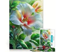 Rompecabezas de 1000 Piezas con Forma de Flor de Hibisco Blanca y Hojas Verdes Juego de ingenio y Estabilidad Sin Piezas Sueltas Un pasatiempo Ideal para Fines de Semana Largos (50x75cm)