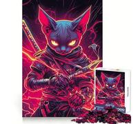 Rompecabezas de 1000 Piezas con Forma de Gato esfinge Ninja con Katana Estilo samurái japonés Juguete para Adultos Que estimula la lógica fortalece el vínculo Familiar y Ofrece un Regalo de Primera