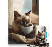 Rompecabezas de 1000 Piezas con Forma de Gato siamés en una Taza de café para Adultos Juguete de lógica Mental, antiestrés, Corte Firme, Regalo increíble 38x26cm