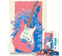Rompecabezas de 1000 Piezas con Forma de Guitarra Rosa y Flores Azules para Adolescentes Juguete de lógica, Sencillo, Divertido, con Bordes Suaves y Elegantes Regalo Ideal (38x26cm)