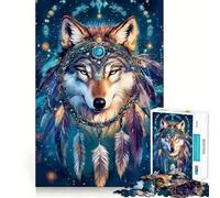 Rompecabezas de 1000 Piezas con Forma de Lobo y Tocado atrapasueños para Adultos Divertido Juego de Memoria Elaboración de Corte experta Actividad Relajante para Grupos en Interiores (38x52cm)