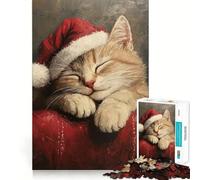 Rompecabezas de 1000 Piezas con Gatito durmiendo en Gorro de Papá Noel para Adolescentes Juguete antiestrés con Corte preciso y Lista de Deseos de Papá Noel 38x52cm