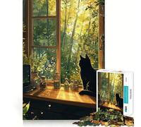 Rompecabezas de 1000 Piezas con Gato Negro y Vista Desde la Ventana,Piezas de Ajuste preciso,Juego Divertido y Acogedor,decoración navideña 50x75cm