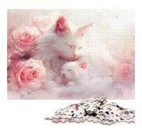 Rompecabezas de 1000 Piezas con Gatos Blancos durmiendo y Rosas Rosas para Adultos, Rompecabezas de Madera, Juego Educativo Familiar de 1000 Piezas (75x50cm)