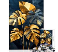 Rompecabezas de 1000 Piezas con Hojas de Monstera Doradas sobre Fondo Azul Oscuro Juguete antiestrés Regalo de cumpleaños Juego Educativo con póster a Juego y Hoja de Trivia Tamaño 38x52cm
