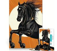 Rompecabezas de 1000 Piezas con ilustración de Caballo Negro sobre Fondo Naranja Juego de Ajuste preciso,Juguete Creativo y Divertido,Juego de Paz,Regalo navideño Tranquilo 50x75cm
