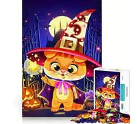 Rompecabezas de 1000 piezas con ilustración de gato y bruja de dibujos animados para Halloween Encaja a la perfección Arte para estimular el cerebro Juego para relajarse Arte de pared navideño 38x26cm