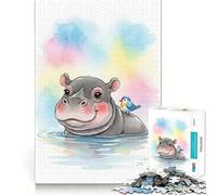 Rompecabezas de 1000 Piezas con ilustración de hipopótamo y pájaro en Acuarela Diversión para ejercitar la Mente Encaje Huecos Actividad para Compartir con Seres Queridos (38x52cm)