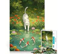 Rompecabezas de 1000 Piezas con ilustración de un Estanque de Gatos y Carpas koi Diseño de Corte preciso Ideal para desarrollar la lógica,el Pensamiento,el Juego y la Tranquilidad