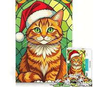 Rompecabezas de 1000 Piezas con ilustración de un Gato Jengibre navideño en vidriera, Juguete Educativo, Ideal para Reducir el estrés y Fortalecer el Amor en Pareja 38x52cm