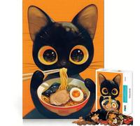 Rompecabezas de 1000 Piezas con ilustración de un Gato Negro Comiendo Ramen Decoración Limpia y Funcional Actividad para Mentes activas Momento Acogedor para Jugar Regalo Divertido de Navidad 38x26cm