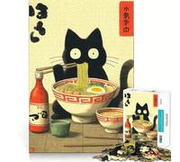 Rompecabezas de 1000 Piezas con ilustración de un Gato Negro Comiendo Ramen Decoración Limpia y Funcional Actividad para Mentes activas Momento Acogedor para Jugar Regalo Divertido de Navidad 38x26cm