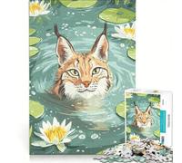 Rompecabezas de 1000 Piezas con ilustración de un Lince en un Estanque de nenúfares Juguete Educativo Juego de Velocidad Manual con Piezas de Formas aleatorias Que encajan Perfectamente 50x75cm