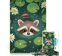 Rompecabezas de 1000 Piezas con ilustración de un Mapache en un Estanque de nenúfares para Adolescentes Juego de lógica Tiempo de Juego Colección de Piezas de Arte de Corte preciso (50x75cm)