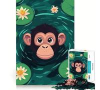 Rompecabezas de 1000 Piezas con ilustración de un Mono de Dibujos Animados en un Estanque de nenúfares Decoración de Bordes limpios Diversión fácil y Divertida (50x75cm)