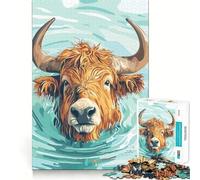 Rompecabezas de 1000 Piezas con ilustración de una Vaca de Las Tierras Altas Nadando, Ideal para Adolescentes Un Juguete Que desafía la Mente, un pasatiempo Relajante y un Regalo Encantador 50x75cm